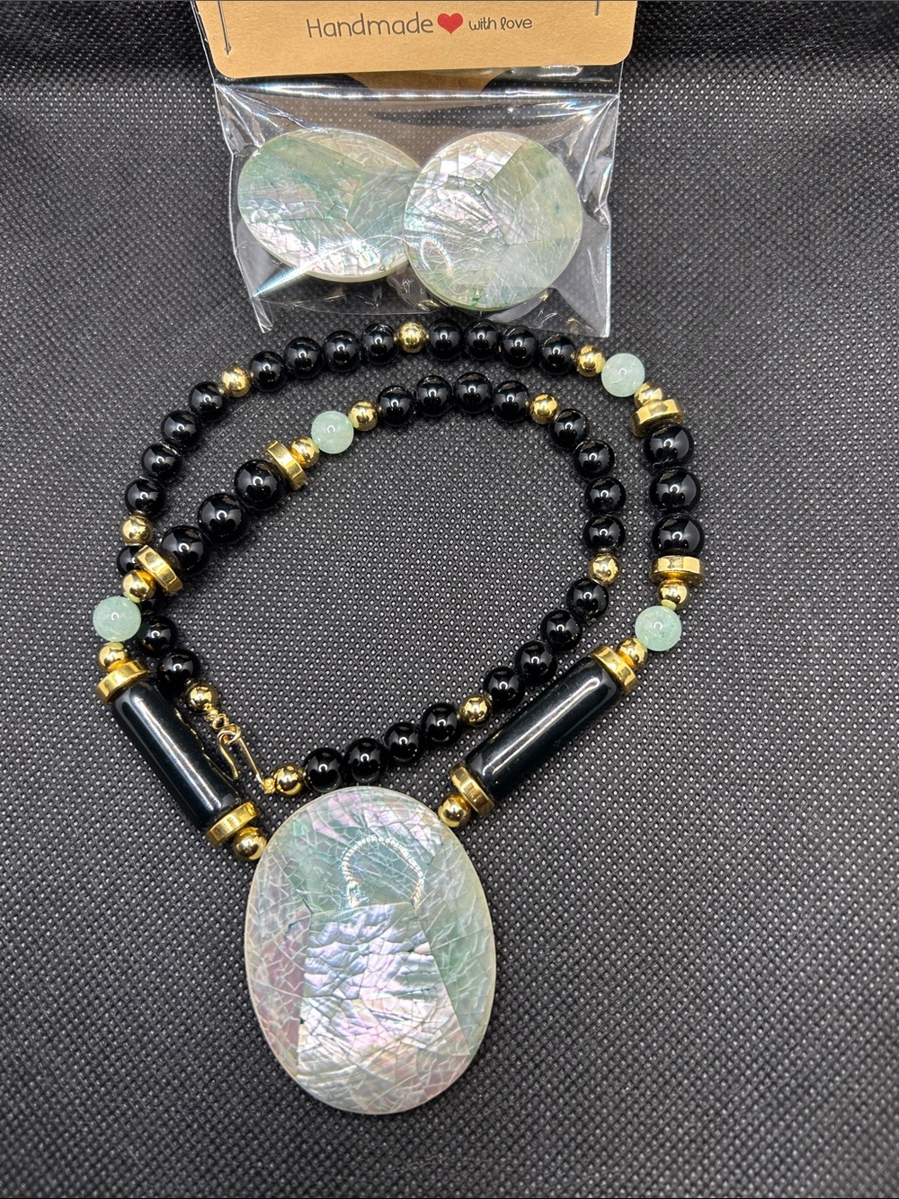 Vintage Black and Gold Beaded Necklace with Iridescent Pendant and Earrings set